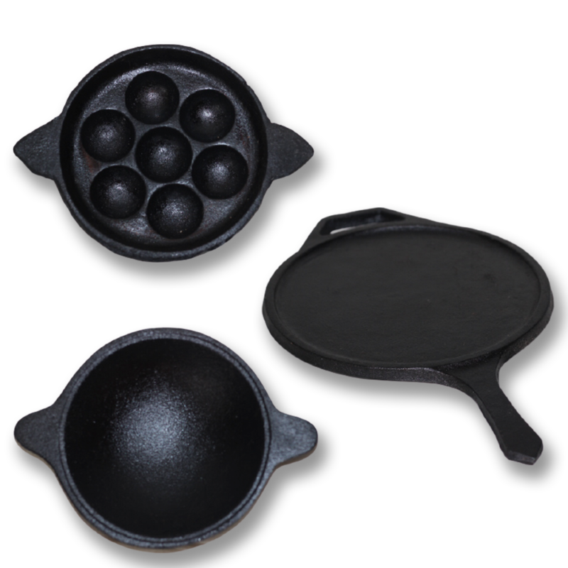Cast Iron Breakfast Combo - paniyarm pan 7 pit, handle tawa 10 inch, Appam pan